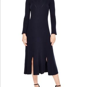 SANDRO Contrast Collar Knitted Midi Dress In Deep Navy